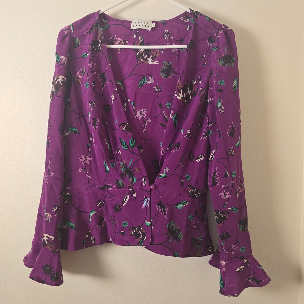 Tanya Taylor Blouse Silk Long Sleeve V Neck Purple Floral Womens 2